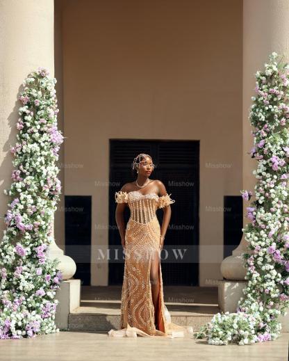 Stylish Long Champagne Off-The-Shoulder Sleeveless Mermaid Prom Dress with Rhinestones and Slit