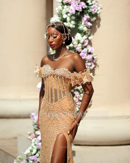 Stylish Long Champagne Off-The-Shoulder Sleeveless Mermaid Prom Dress with Rhinestones and Slit