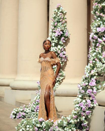 Stylish Long Champagne Off-The-Shoulder Sleeveless Mermaid Prom Dress with Rhinestones and Slit