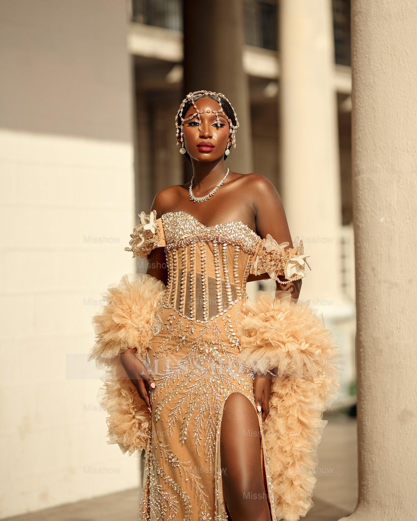 Stylish Long Champagne Off-The-Shoulder Sleeveless Mermaid Prom Dress with Rhinestones and Slit