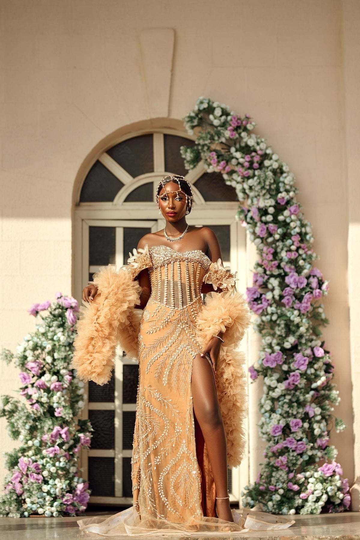 Stylish Long Champagne Off-The-Shoulder Sleeveless Mermaid Prom Dress with Rhinestones and Slit