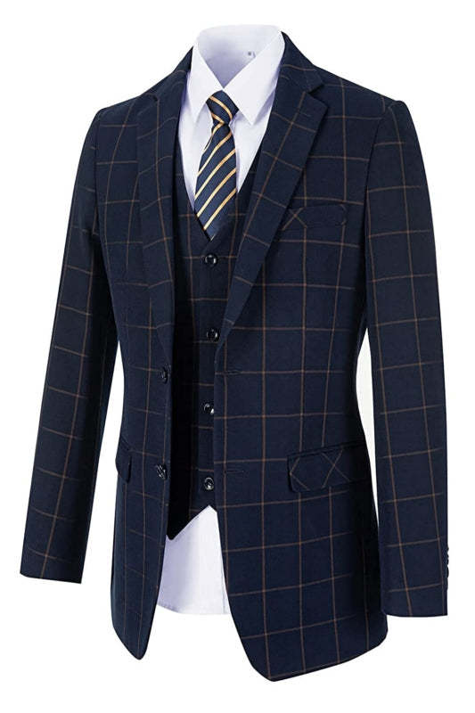 Stylish Navy Blue Notch Lapel Three-Piece Business Suit Set for Men