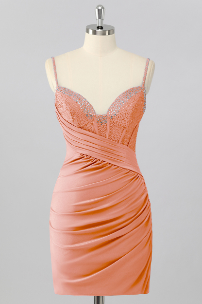 Sparkly Sky Blue Tight Ruched Short Corset Cocktail Dress With Beading