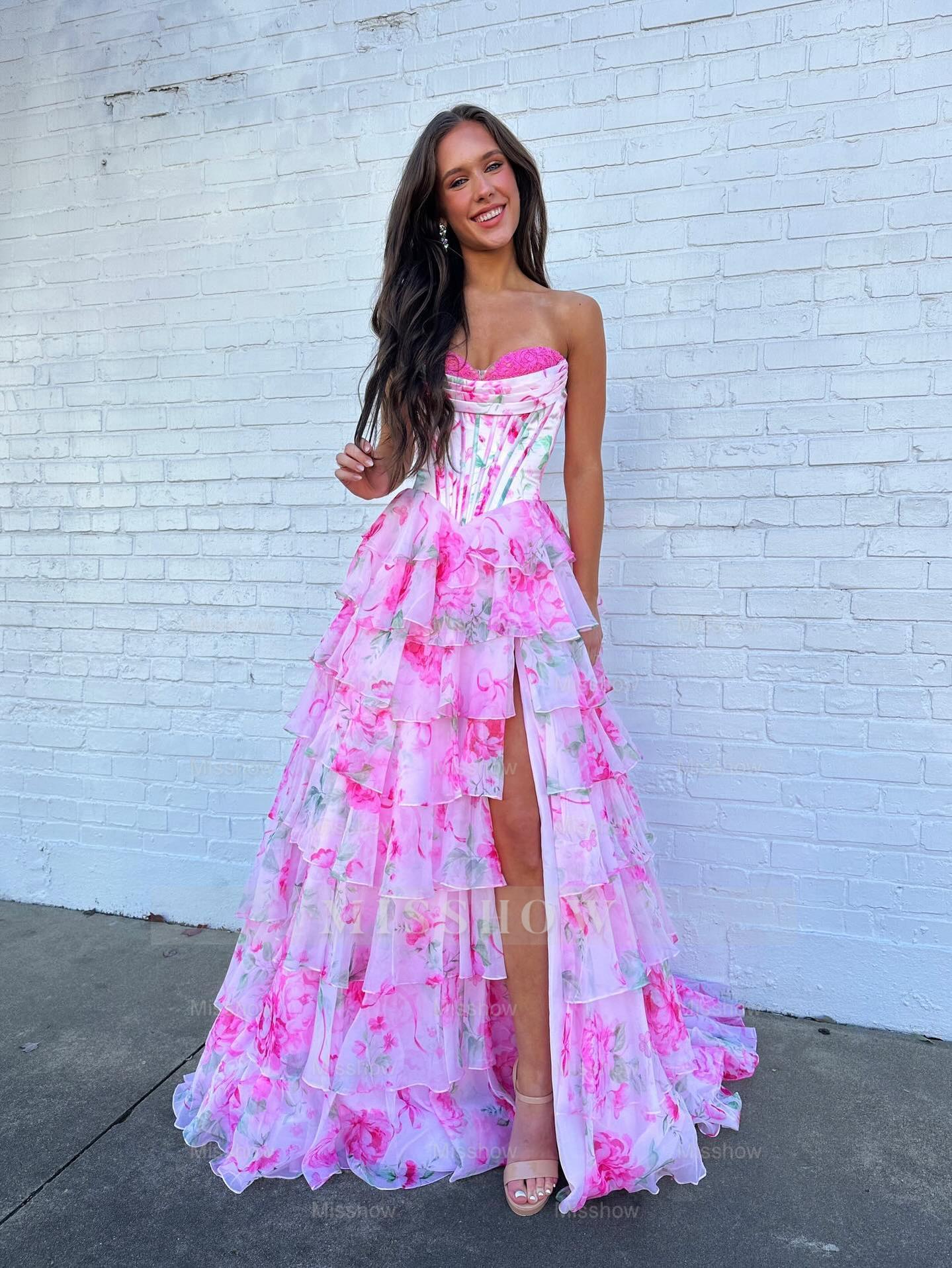 Sweetheart Long Pink A-line Foral Strapless Prom Dress with Slit