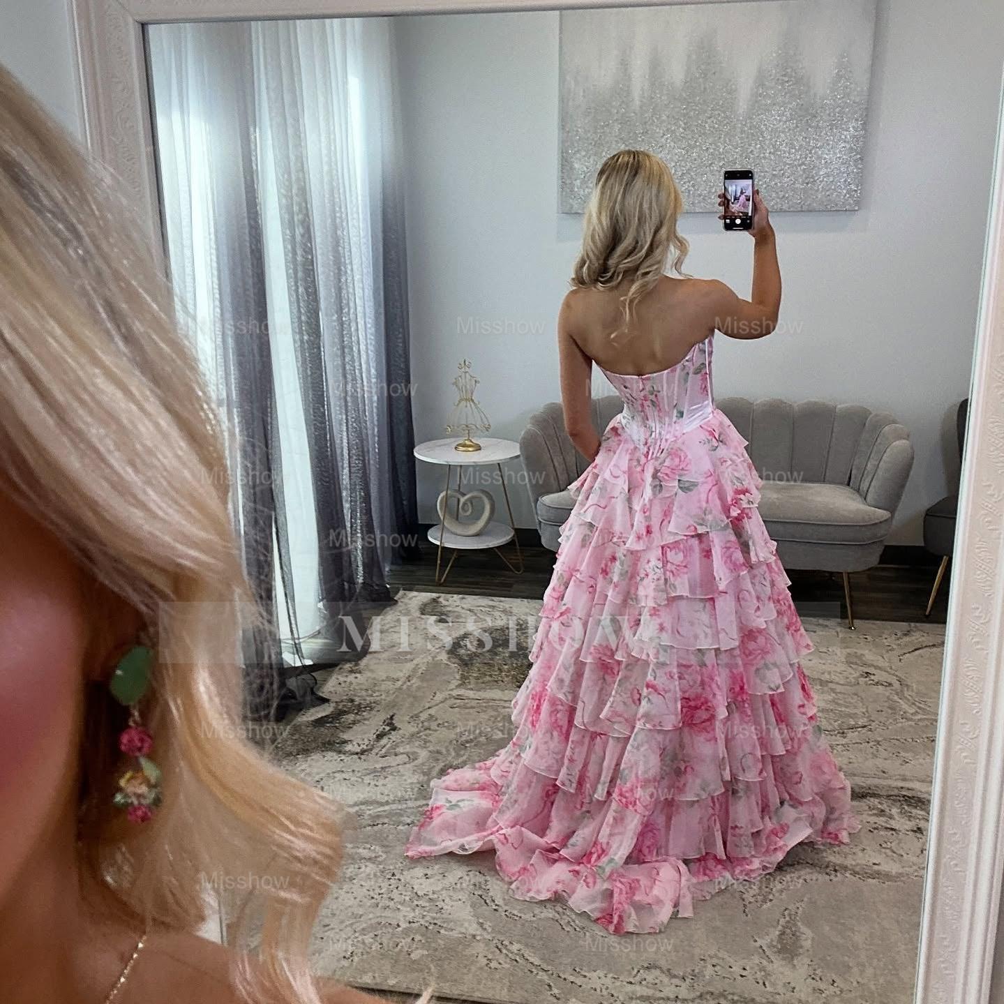 Sweetheart Long Pink A-line Foral Strapless Prom Dress with Slit