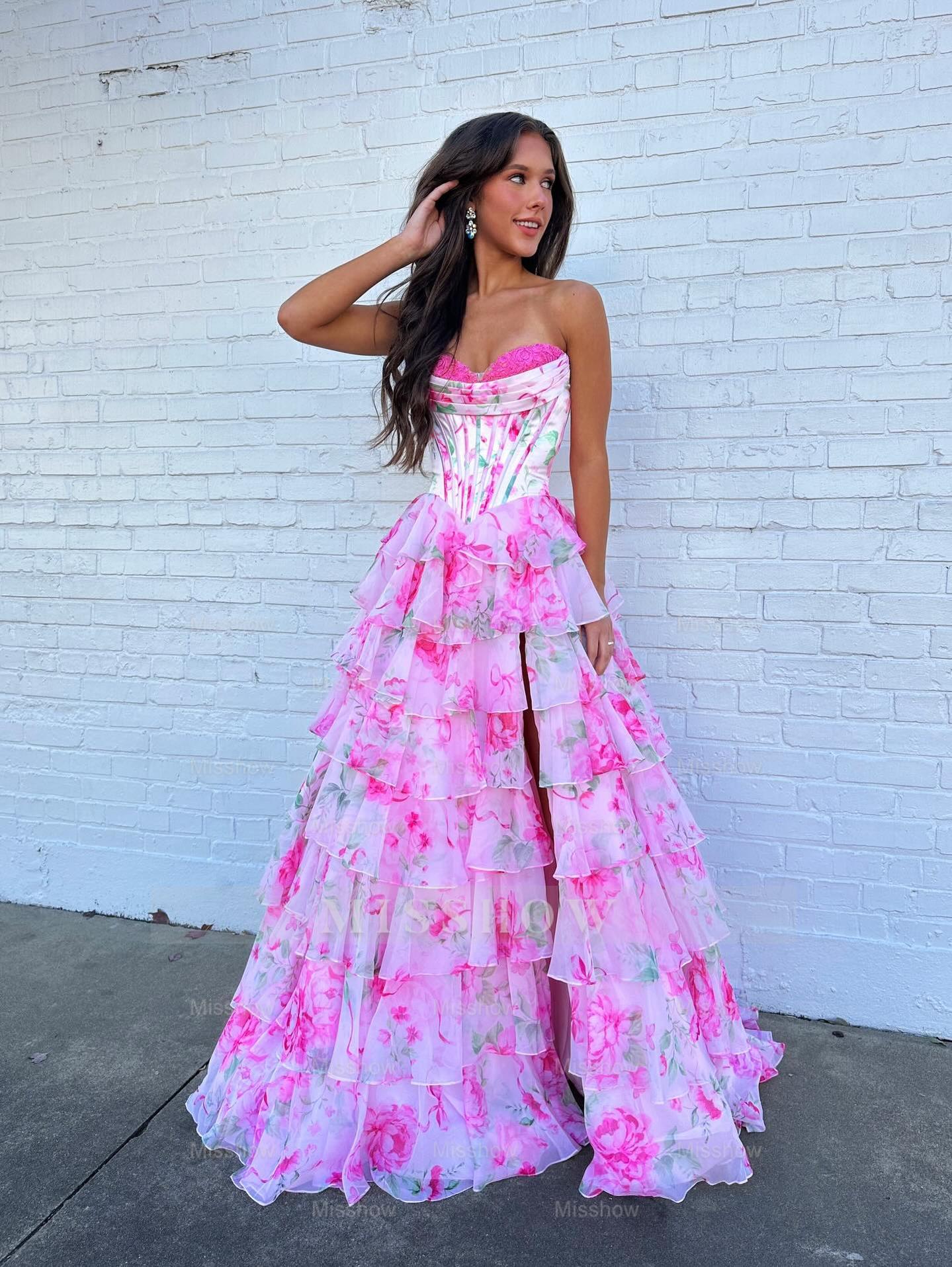 Sweetheart Long Pink A-line Foral Strapless Prom Dress with Slit