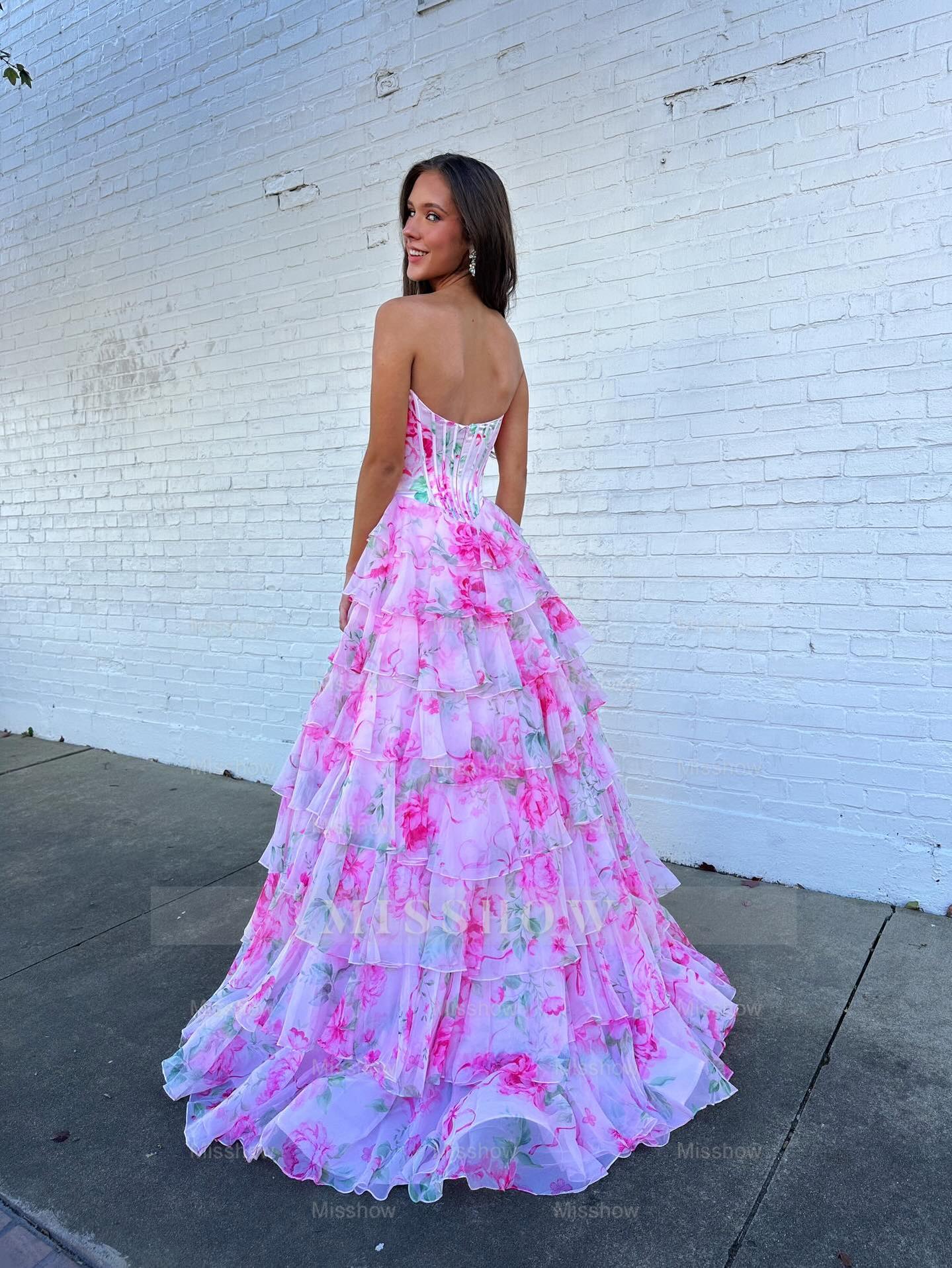 Sweetheart Long Pink A-line Foral Strapless Prom Dress with Slit