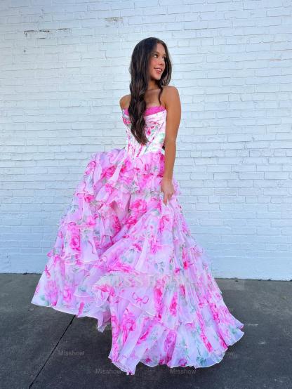 Sweetheart Long Pink A-line Foral Strapless Prom Dress with Slit