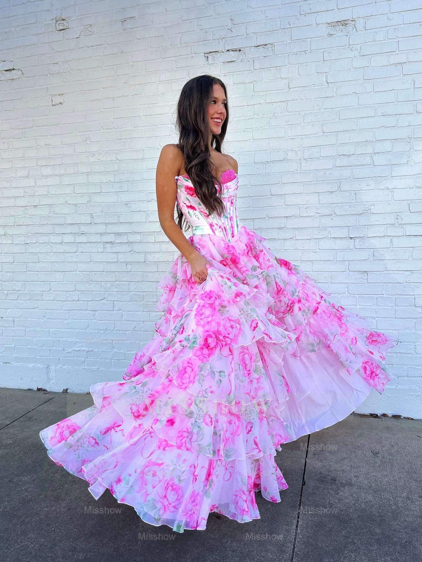 Sweetheart Long Pink A-line Foral Strapless Prom Dress with Slit