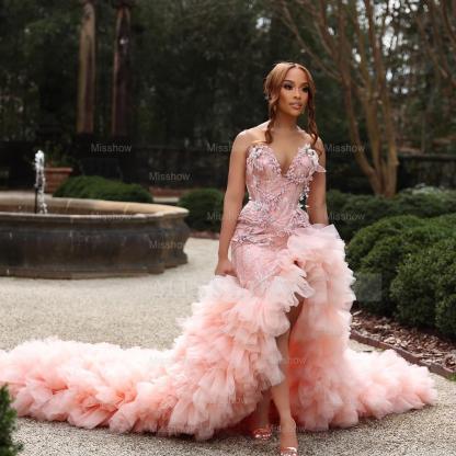 Sweetheart Long Pink Beaded Lace Strapless Pretty Prom Dress with Ruffles