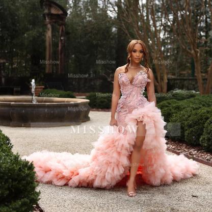 Sweetheart Long Pink Beaded Lace Strapless Pretty Prom Dress with Ruffles
