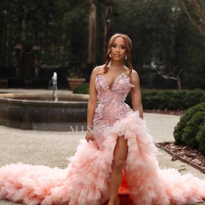 Sweetheart Long Pink Beaded Lace Strapless Pretty Prom Dress with Ruffles