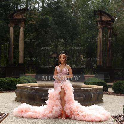 Sweetheart Long Pink Beaded Lace Strapless Pretty Prom Dress with Ruffles