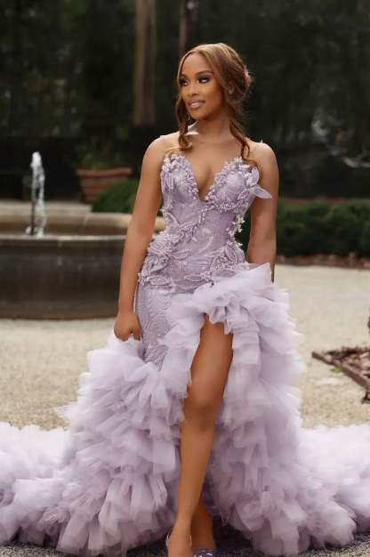 Sweetheart Long Pink Beaded Lace Strapless Pretty Prom Dress with Ruffles