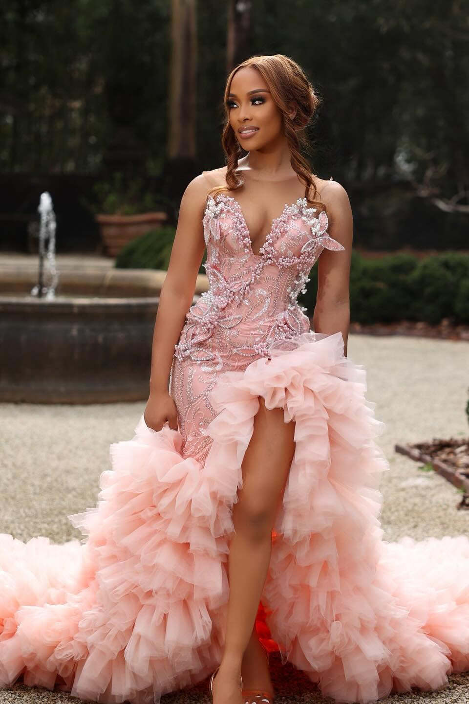 Sweetheart Long Pink Beaded Lace Strapless Pretty Prom Dress with Ruffles