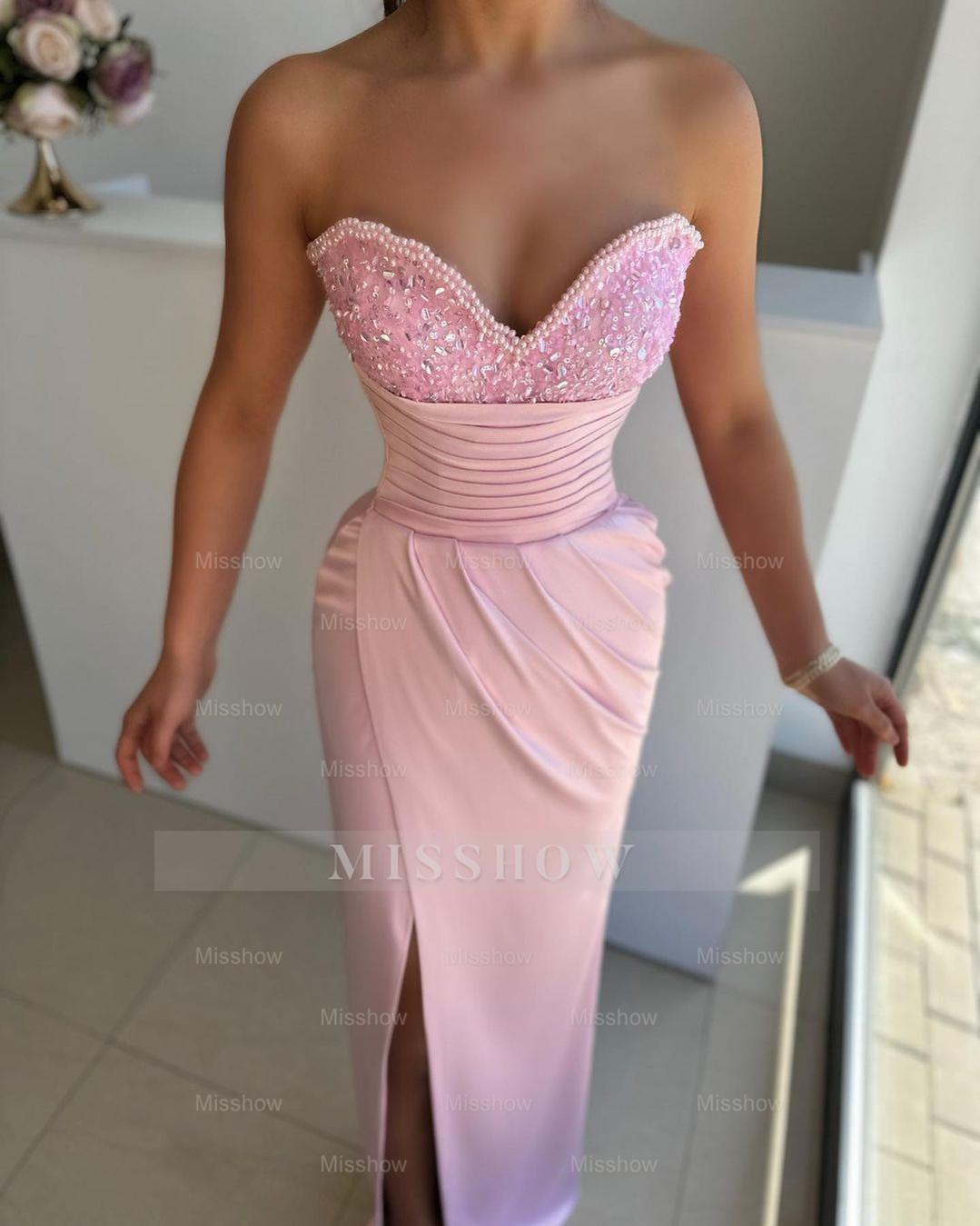 Sweetheart Sleeveless Light Blue Formal Dress Front Split With Beads