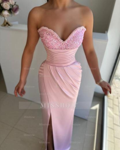Sweetheart Sleeveless Light Blue Formal Dress Front Split With Beads