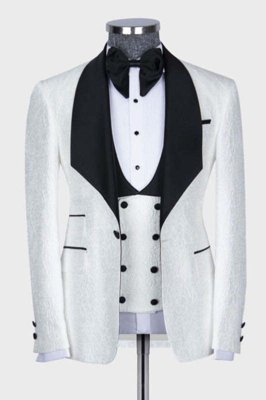 Tailored White Jacquard Three-Piece Suit with Black Shawl Lapel