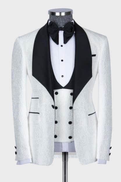 Tailored White Jacquard Three-Piece Suit with Black Shawl Lapel