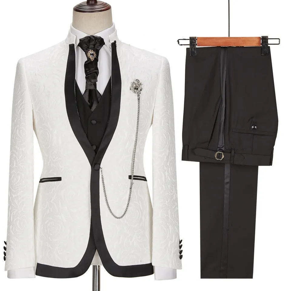 Stunning White Jacquard Shawl Lapel Three-Piece Suit for Weddings