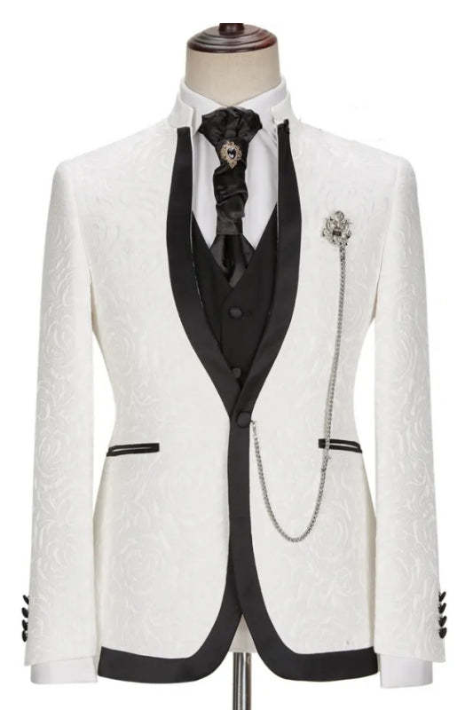 Stunning White Jacquard Shawl Lapel Three-Piece Suit for Weddings