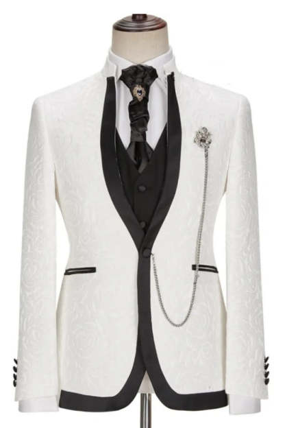 Stunning White Jacquard Shawl Lapel Three-Piece Suit for Weddings