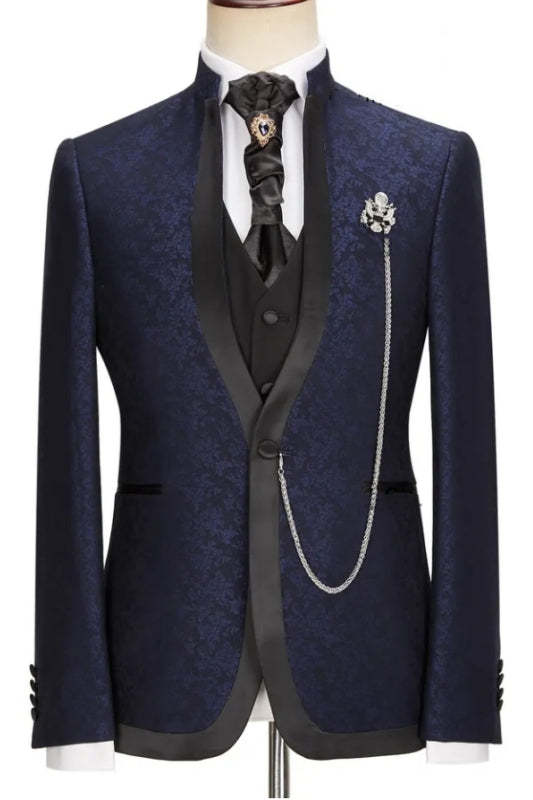 Navy Blue Jacquard Shawl Collar Three-Piece Latest Wedding Ensemble