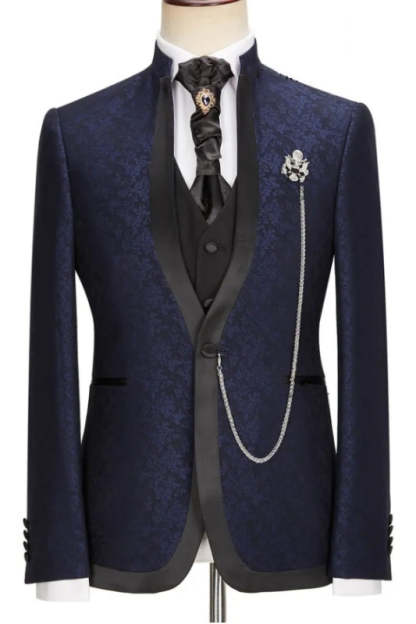 Navy Blue Jacquard Shawl Collar Three-Piece Latest Wedding Ensemble