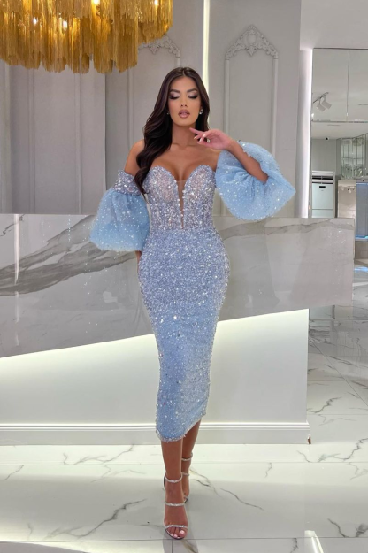 Tea Length Light Blue Beaded Formal Dress Sequins With Puffy Sleeves