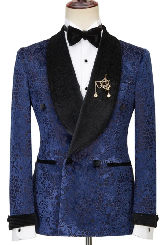 Navy Blue Jacquard Double-Breasted Wedding Suit With Black Velvet Lapel