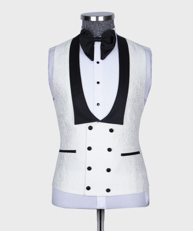 Tailored White Jacquard Three-Piece Suit with Black Shawl Lapel