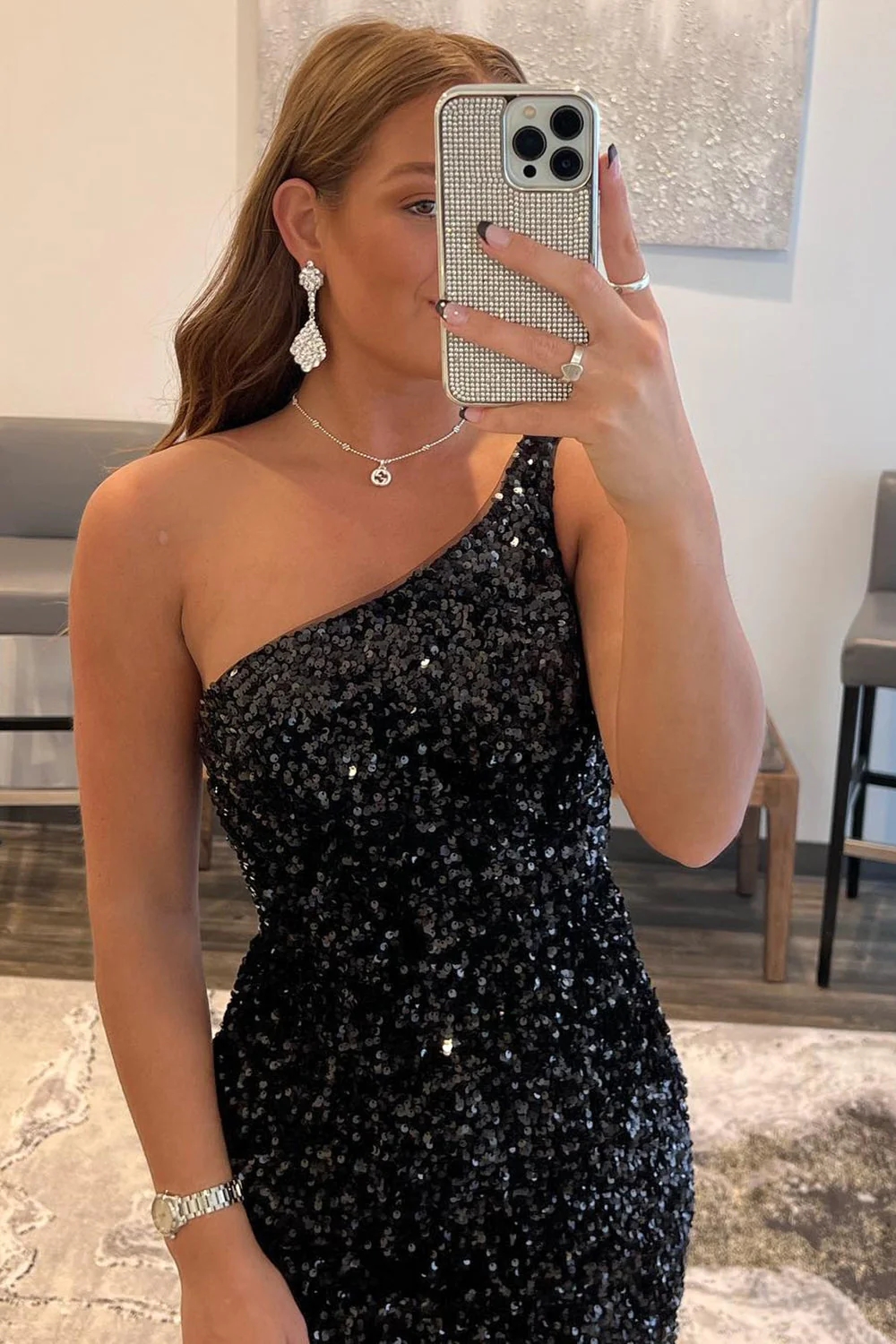Sparkly Tight Black Sequins One Shoulder Cocktail Dress