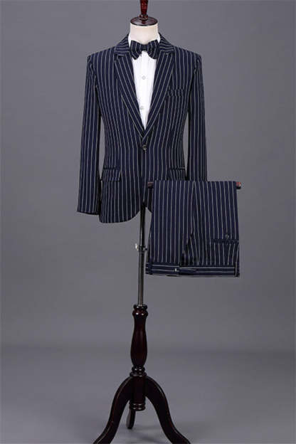 Timeless Navy Blue Notched Lapel Two-Piece Striped Business Attire