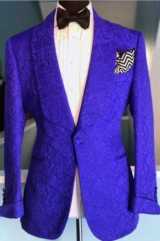 New Royal Blue Jacquard Shawl Lapel Two-Piece Suit for Weddings