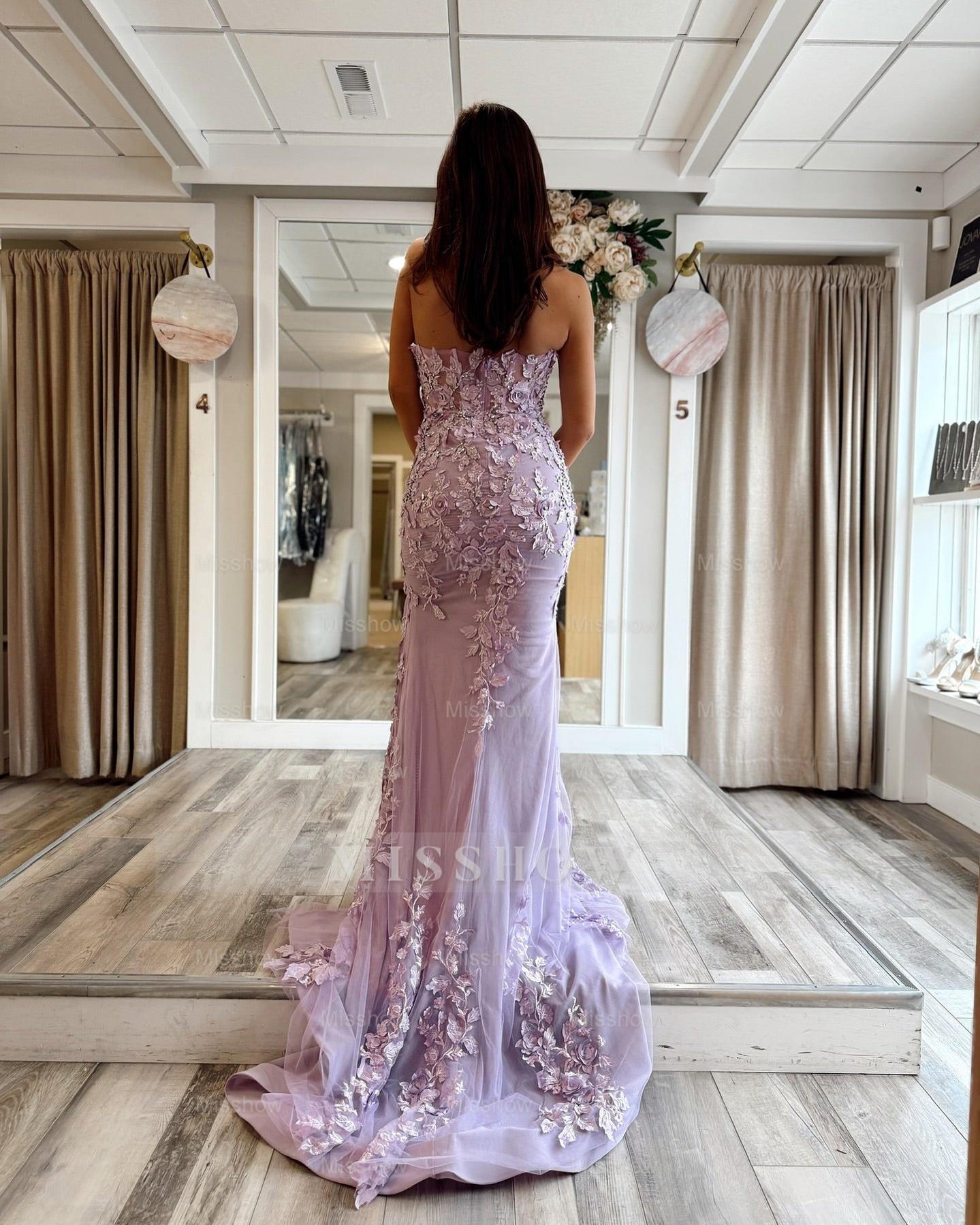 Trendy Lilac Sweetheart Sleeveless Mermaid Prom Dress with Appliques and Slit