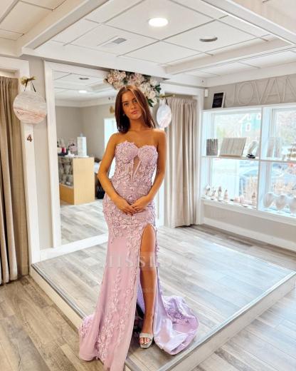 Trendy Lilac Sweetheart Sleeveless Mermaid Prom Dress with Appliques and Slit
