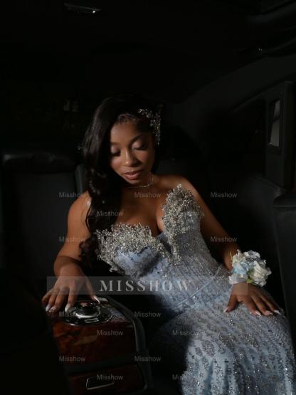 Trendy Long Sky Blue Sweetheart Sleeveless Mermaid Sequined Prom Dress with Rhinestones and Beadings