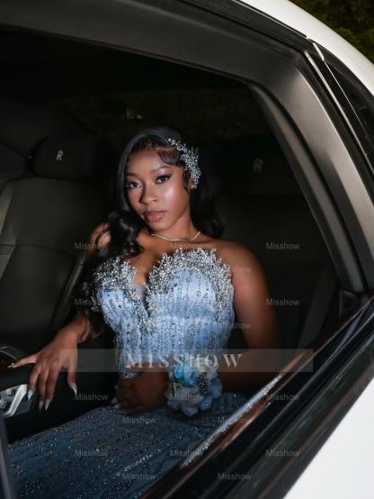 Trendy Long Sky Blue Sweetheart Sleeveless Mermaid Sequined Prom Dress with Rhinestones and Beadings