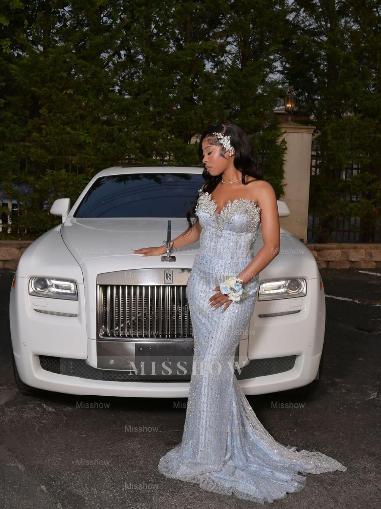 Trendy Long Sky Blue Sweetheart Sleeveless Mermaid Sequined Prom Dress with Rhinestones and Beadings