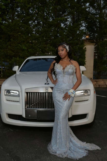 Trendy Long Sky Blue Sweetheart Sleeveless Mermaid Sequined Prom Dress with Rhinestones and Beadings