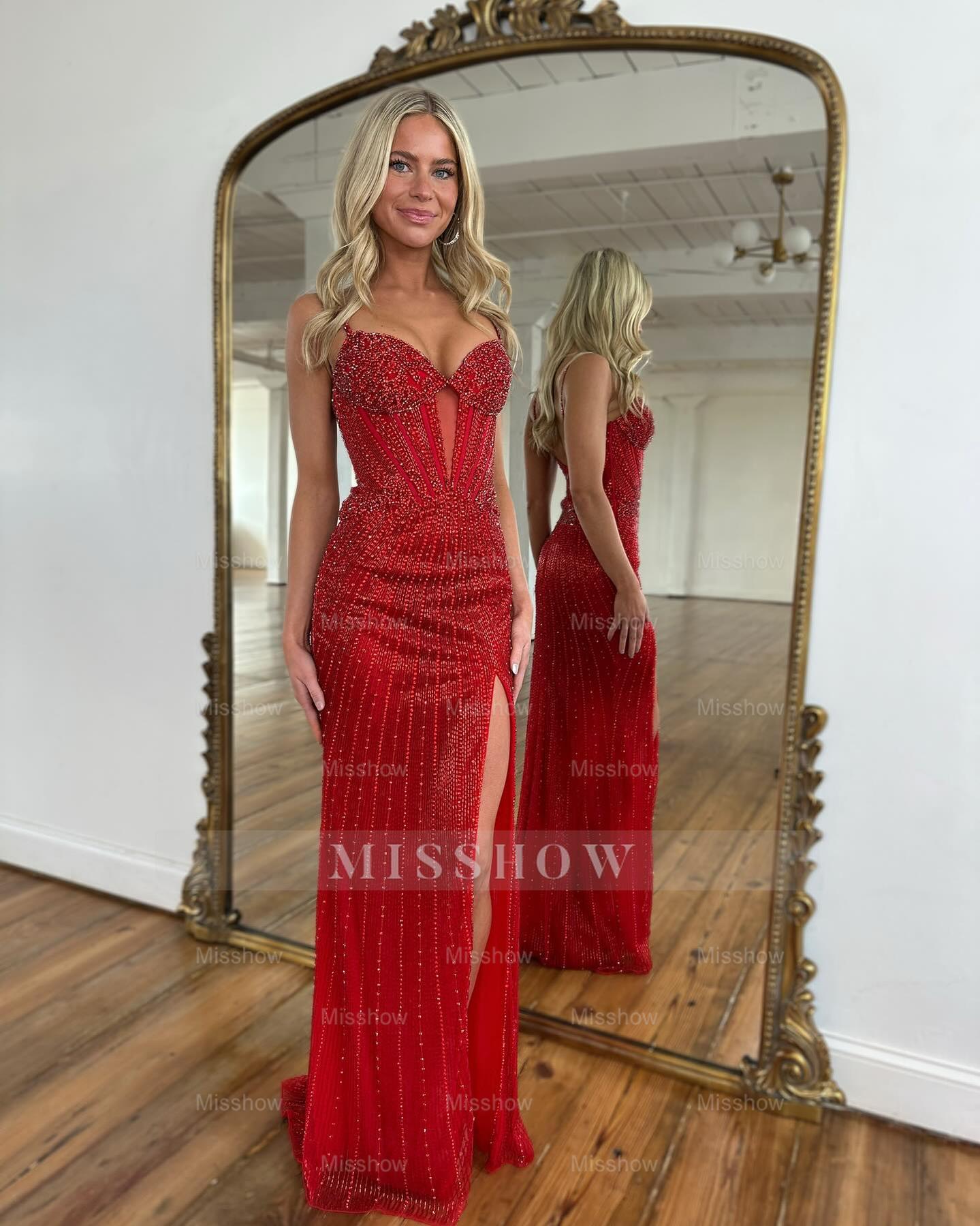 Trendy Red Spaghetti Straps Sweetheart Sleeveless Column Prom Dress with Front Split