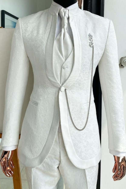 Trendy White Jacquard Three-Piece Wedding Suits