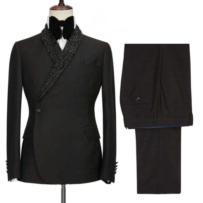 Tailored Black Two-Piece Wedding Suit with Sequins and Shawl Lapel