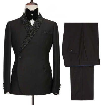 Tailored Black Two-Piece Wedding Suit with Sequins and Shawl Lapel