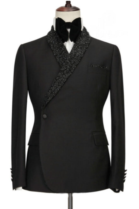 Tailored Black Two-Piece Wedding Suit with Sequins and Shawl Lapel