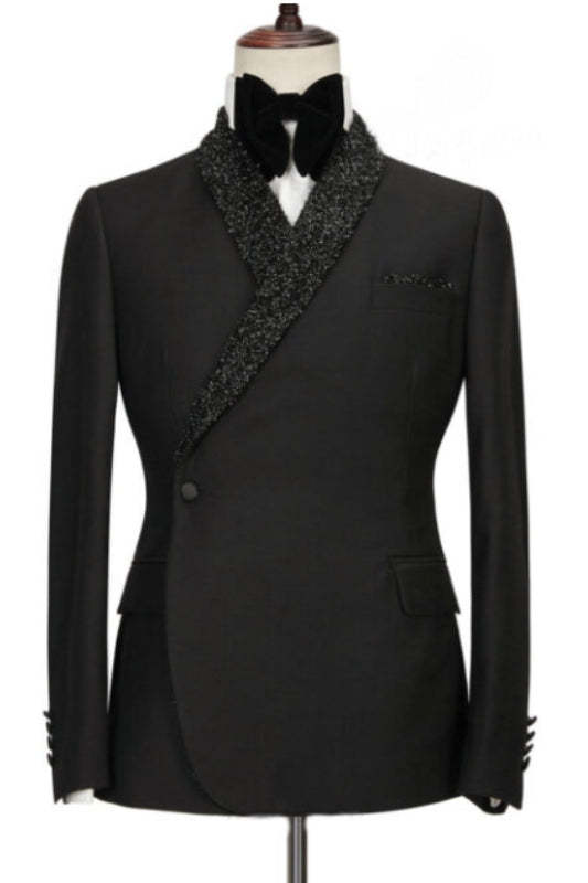 Tailored Black Two-Piece Wedding Suit with Sequins and Shawl Lapel