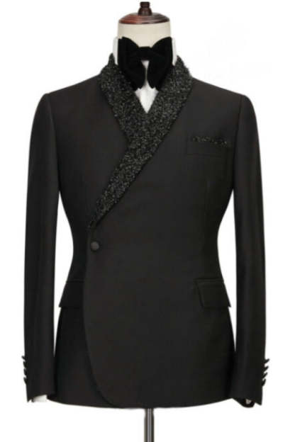 Tailored Black Two-Piece Wedding Suit with Sequins and Shawl Lapel
