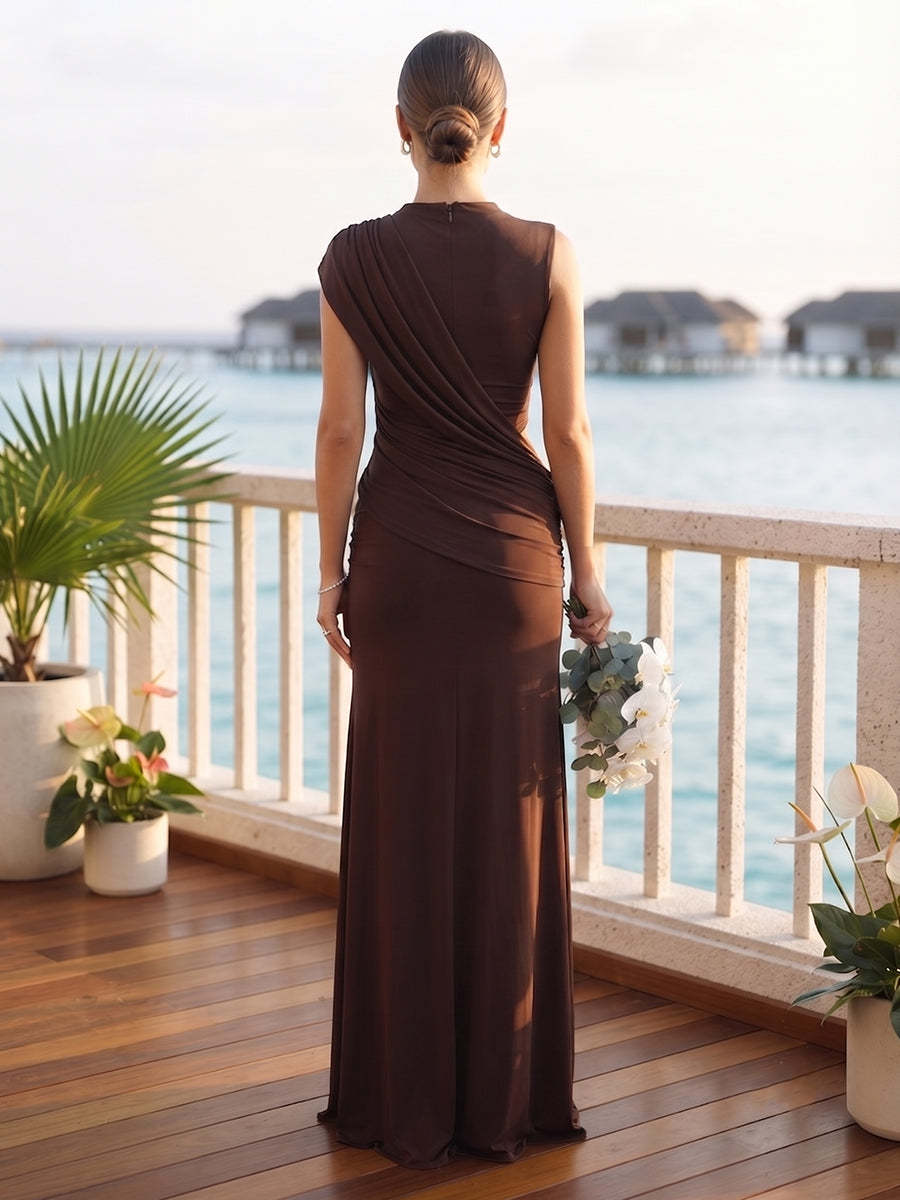 Trumpet Mermaid Asymmetrical High Neck Long Bridesmaid Dresses with Ruched Pleats