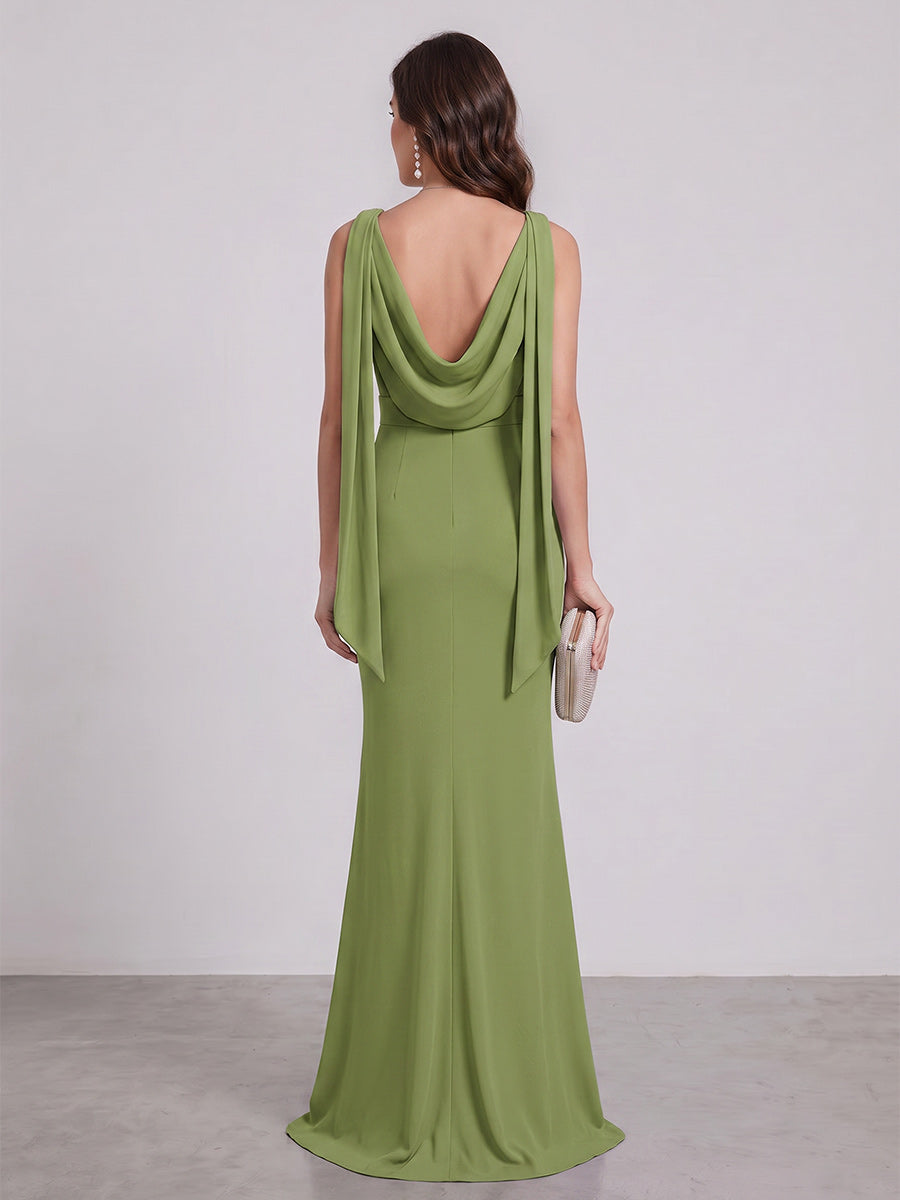 Trumpet Mermaid Cowl Neck Sleeveless Floor Length Bridesmaid Dresses With Ruched