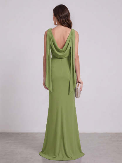 Trumpet Mermaid Cowl Neck Sleeveless Floor Length Bridesmaid Dresses With Ruched